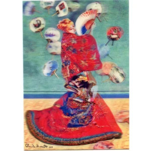 Tarjeta de felicitación postal lenticular parpadeante 3D Madame Monet en kimono japonés - Imagen 1 de 1