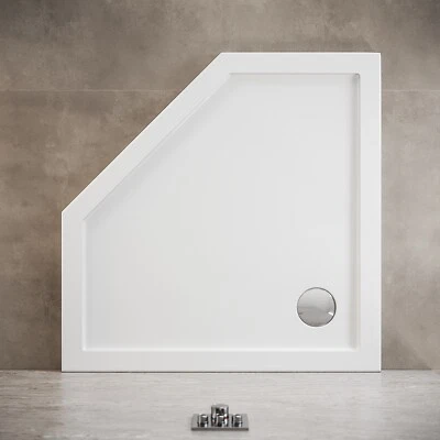 ELEGANT Pentagonal Shower Tray Slimline Stone Resin Bathroom Glass Cubicle Enclosure