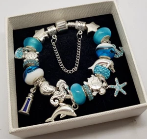 EDLES Armband 925 Silber ZIRKONIA Charm Murano Anhänger Pandora Sicherheitskette - Bild 1 von 4