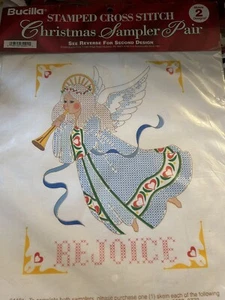 Vintage Bucilla Stamped Cross Stitch Christmas Sampler Pair Embroidery - Angels - Picture 1 of 5