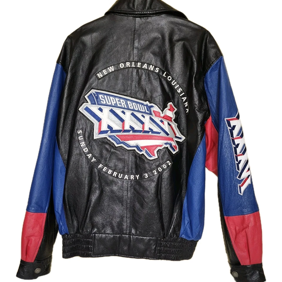 Chaqueta de fútbol americano de colección NFL 2002 SUPER BOWL XXXVI 100 % CUERO G-III  Foto 1 de 4
