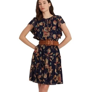 Lauren Ralph Lauren Women's Floral Crinkle Georgette Dress in Navy Blue & Orange - Picture 1 of 7