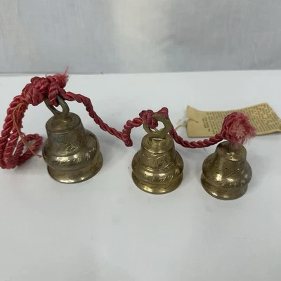 VTG Bells Of Sarna India Floral Etched Brass Tone Graduated Set Of 3 W Tag Oil - Image 1 of 4