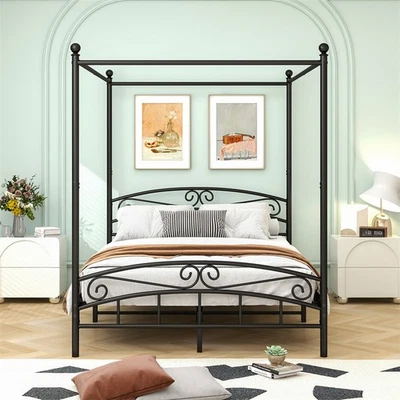 Queen Size Metal Canopy Bed Frame with Headboard and Footboard Black  - Image 1 of 4