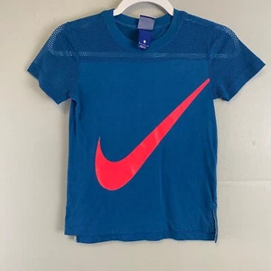 Nike Blue Big Swoosh T Shirt Kids Size Small Mesh Shoulders & Short Sleeves - Picture 1 of 7