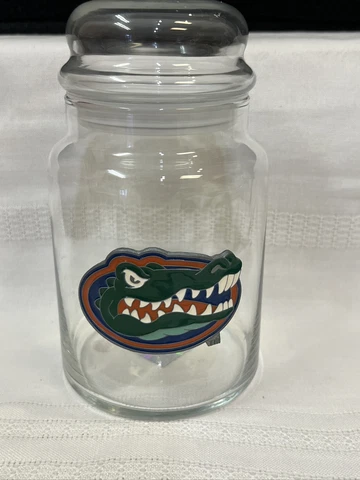 My23- Florida Gators Glass Candy Jar With Lid Apothecary Pewter emblem 2006 28oz Cover