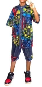 Classy Trendy African Print Boys Shirt and Shorts Denim Ankara Boys Clothing - Picture 1 of 11