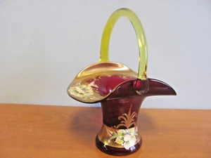 VTG EGERMANN CRYSTAL CZECH GOLD RUBY RED FLORAL HAND PAINTED 9" GLASS BASKET - Picture 1 of 4