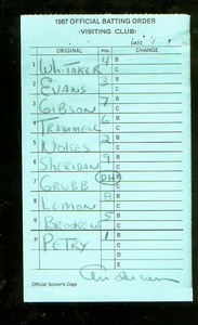 1987 (June 21) Detroit Tigers lineup card v. Baltimore Orioles