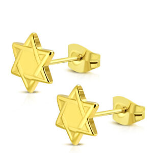 Stainless Steel Yellow Gold-Tone Jewish Star of David Stud Earrings