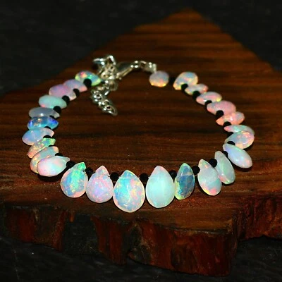Natural Ethiopian Opal Faceted Almonds Teardrop Black Spinel 925 Silver Bracelet - Image 1 of 3