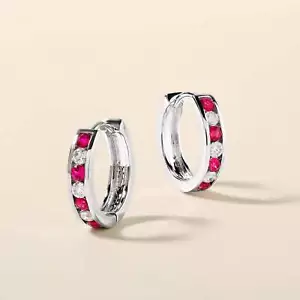 Certified 14K Gold 0.5ct Natural Diamond w/ Simulated Ruby Bezel Hoop Earrings - Picture 1 of 9