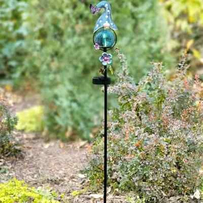 Solar LED Vidrio Craquetado Bola de Mirar Azul Gnomo Sombrero Metal Estaca de Jardín Foto 1 de 3