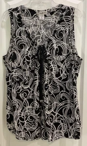 Marisa Christina Woman Blouse Size 1X Black White Swirls Drawstring Neckline 197 - Picture 1 of 9