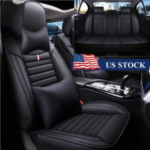Black PU Leather Car Seat Covers Front+Rear Cushion All Seasons Pad w/Pillows US - Picture 1 of 11