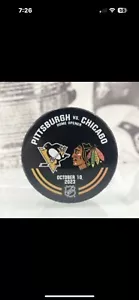 Connor Bedard NHL Debut Puck 10/10/23 Chicago Blackhawks vs Pittsburgh Penguins - Picture 1 of 2