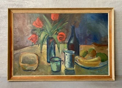 Ölbild Impressionniste Nature Morte Avec Tulipes Bananes Fruits Gottrup Signé - Photo 1/4