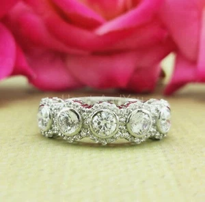 2.5ct Round Cut Moissanite Bezel Set Halo Wedding Band 14k White Gold Plated - Picture 1 of 9