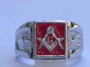 Masonry Masonic Red Enamel Compasses Clear Austrian Crystal Men Ring Size 7-15 - Picture 1 of 3