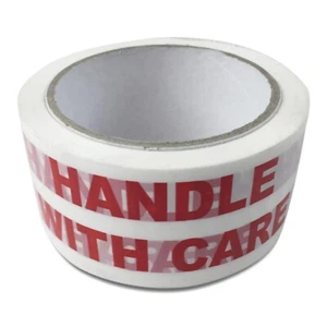HANDLE WITH CARE 48MMX66M LOW NOISE PACKING PARCEL BOX WARNING PACKAGING - Picture 1 of 4