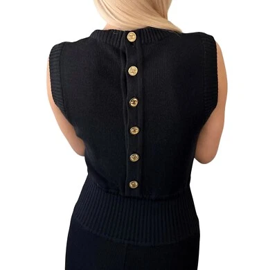 Mono mamelucos tejido con logotipo marca CC vintage Chanel sin mangas botón lana negra Foto 1 de 4