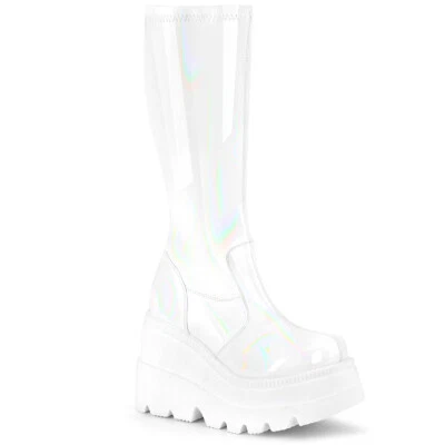 DEMONIA SHA65/WHG Women's Gothic Punk Wedge Platform White Hologram Knee Boots - Image 1 of 4