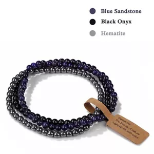 3 Pcs/Set 4mm Onyx Hematite Stone Bracelet Blue Sand Bracelet For Women Men Gift - Picture 1 of 5