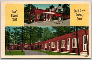 Postcard Oneida Tennessee c1950 Tobe’s Modern Court Dual View Gas Pump U.S. 27 - Picture 1 of 2