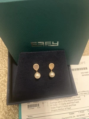 EFFY 14 Karat Rose Gold Pearl Earrings With 0.12Tw Round Diamond & Mother Pearl - Image 1 of 4