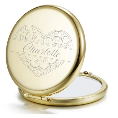 Custom Engraved Purse Mirror, Graduation Gift Theme Heart Design Mandala Flower - Image 1 of 4