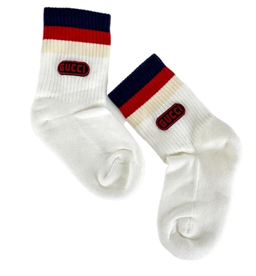 265 美元古驰全新正品儿童白色棉踝 Sylvie 袜海军蓝红色面霜 Web — 第 1/4 张图片