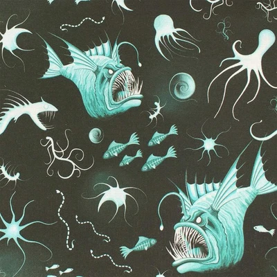 Alpenfleece Stoff Tiefseefische von Swafing, schwarz (Meterware ab 0,50m)