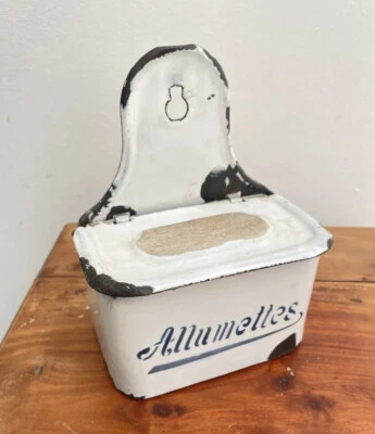 French Enamelware Wall Hung Matches Box Blue White Enamel Allumettes Lidded - Image 1 of 4