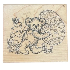 Fuzzy Teddy Bear Spring Easter Theme Symbol Egg Chicks K-2659 Wood Rubber Stamp - Picture 1 of 3