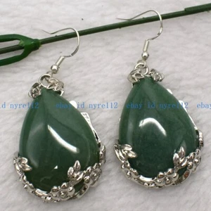 18x25 Natural Teardrop Aventurine Gemstone Beads Silver Hook Dangle Earrings - Picture 1 of 6