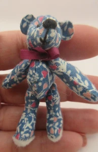 BEAUTY 2.5" Artisan Handmade TEDDY BEAR Miniature Dollhouse Toy Blue Fabric OOAK - Picture 1 of 11
