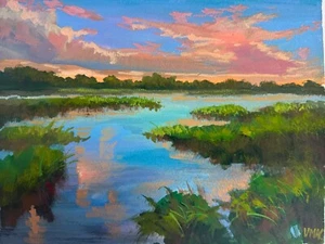 Original Landscape Painting Signed Marsh Sunset Clouds Nature Collectible Art - Picture 1 of 3