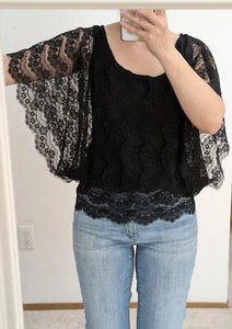 NWT Black Eyelash Lace Short Sleeve Scoop Neck Blouse Shirt XS - Picture 1 of 10