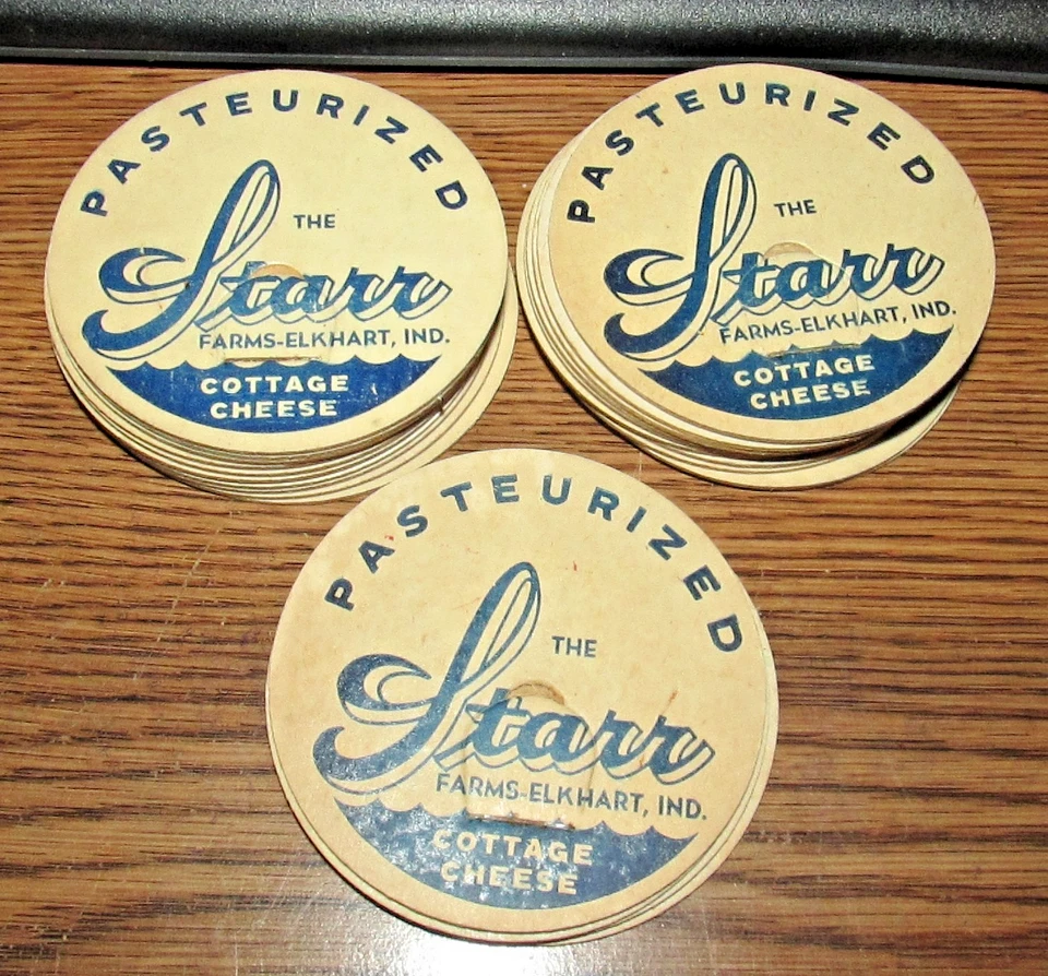 24 - 2 3/8" The Starr Farms Elkhart Indiana EN QUESO COTTAGE tapas de botellas de leche Foto 1 de 1