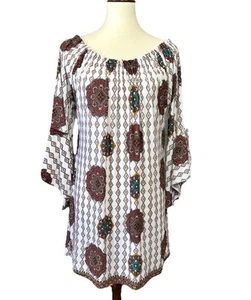 Tunic Top Womens L/XL Tie Bell Sleeve Boat Neck Office Wear Work Casual Win Win - Picture 1 of 8