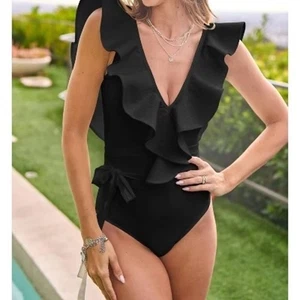 Traje de baño de una pieza negro DAVI & DANI para mujer con volantes lisos con lazo delantero - Imagen 1 de 10