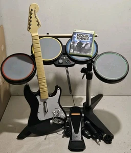 Xbox 360 Rock Band Drum Set Wired BUNDLE w/ Guitar, Game, Microphone - Working - Picture 1 of 14