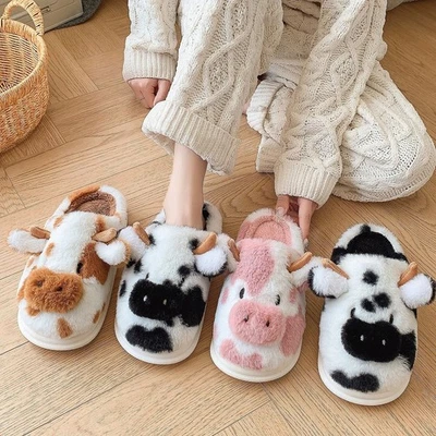 MISETHEATZEL New Winter Unisex Cartoon Cow Warm Plush Slippers Couple's Indoor