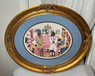 Firmado 1986 Varnette P. Honeywood "Cortejo" Serigrafía Marco Dorado Ovalado 24”x20” Foto 1 de 4