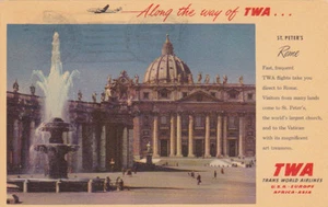 Postcard TWA AIRLINES St Peter's Rome Citta del Vaticano postmark 1954 Italy  - Picture 1 of 2