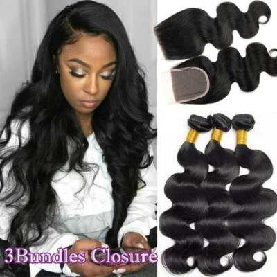 Cierre de encaje pre arrancado con 3 paquetes cabello humano virgen brasileño tejido ondulado EE. UU. Foto 1 de 4