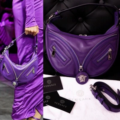 NEW VERSACE $1995 Purple Leather RUNWAY REPEAT HOBO Small BAG & CROSSBODY STRAP - Image 1 of 4