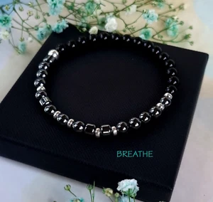 Mens 925 Sterling Silver Onyx & Hematite Morse Code BREATHE Motivation Bracelet - Picture 1 of 8