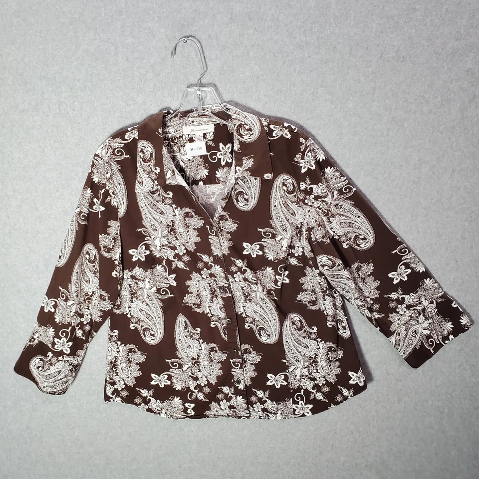 JM Collection Women Top 14 Brown Paisley Long Sleeve Button Up Collar - Image 1 of 4