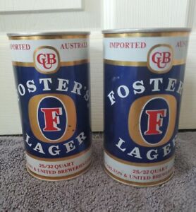 2 Vintage CuB FOSTER'S LAGER 25/32 QT Pull Tab Steel Beer Empty Can Top Intact
